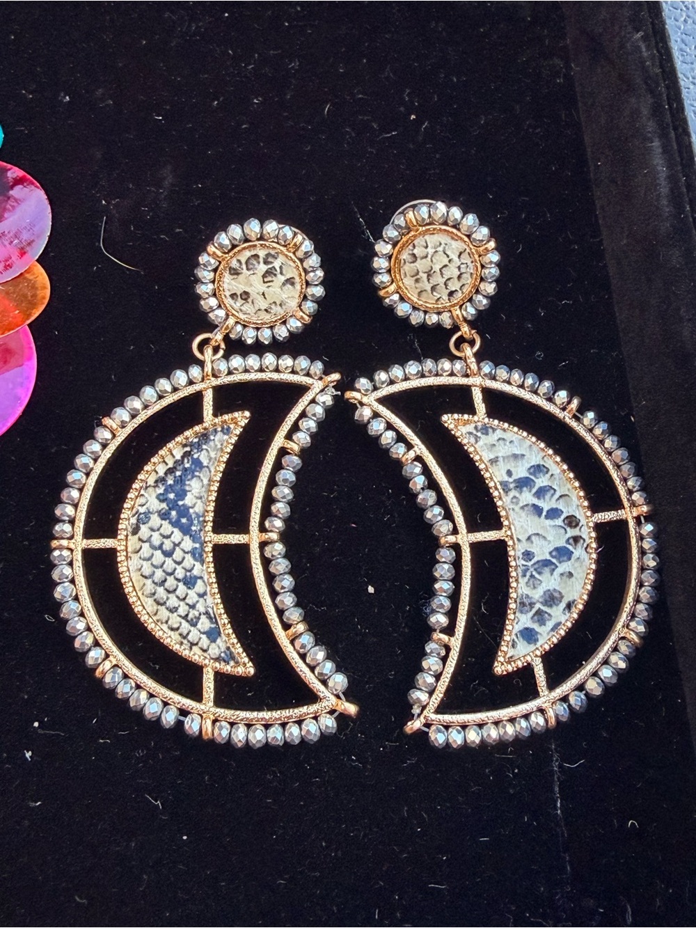 Gold-Tone Black and Silver Crescent Statement Earrings - Unbranded